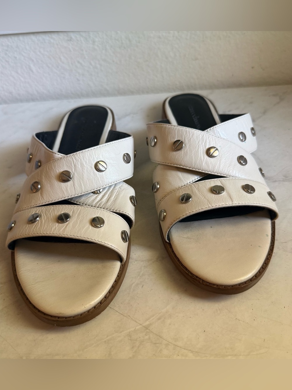 Rebecca Minkoff White Studded Leather Slide Sandals - Picture 2 of 7